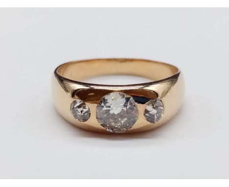 18ct Yellow Gold (Tested)  Diamond Trilogy RING with approx 1ct clean white old cut Diamond centre and 0.2 Diamonds on the si