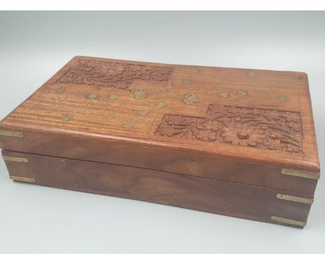 Vintage Hand-Carved Wooden Jewellery Box. Floral and Gilded Decoration on Lid. Red Felt Inner.25 x 14cm 