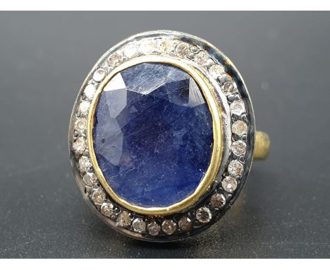 10cts Natural Blue Sapphire gemstone ring in vintage style with halo of diamonds in 925 silver with gold plating SIZE N 