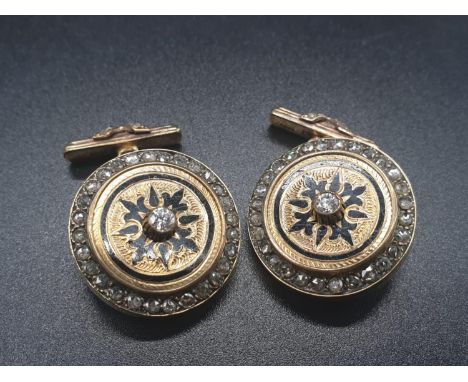 A PAIR OF VINTAGE RUSSIAN 14CT GOLD CUFFLINKS ENCRUSTED WITH DIAMONDS  AND DECORATED WITH ENAMEL AND A DIAMOND CENTRE STONE I