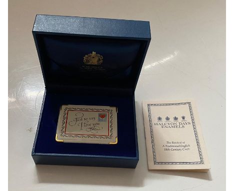 Halcyon Days Enamel postcard, with box and certificate. 6.5cm width. 