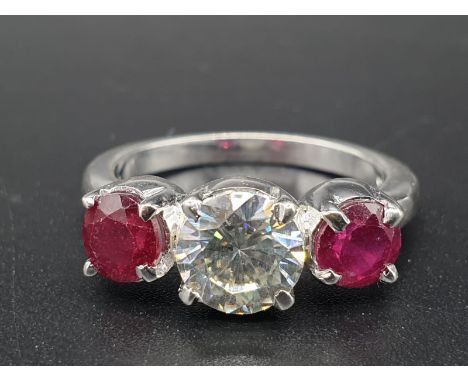 1.1ct White Moissanite ring with two natural ruby accents in sterling silver SIZE N1/2 
