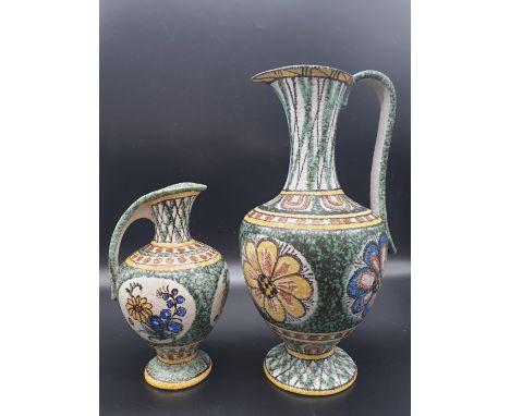 A Vintage Pair of Ruscha, West German Jugs. Hand-Painted with floral decoration. 28 and 19cm. Marked on base. 