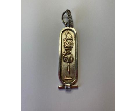 Vintage silver Egyptian Cartouche pendant with gold hieroglyphics. Drop 5.5cm approx. 