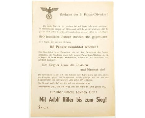 German 3rd Reich Propaganda Leaflet with a loosely (Google) translation in English. It praises the troop for their action dur