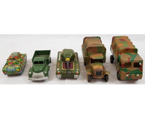 5 Vintage Tin Plate Army Toys. Truck 18cm long. 