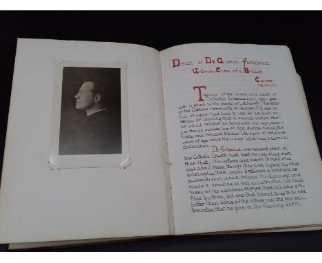 Handwritten Manuscript giving the account of the Death of Dr Adrian Fortescue, and includes some original photographs.  Dr Fo