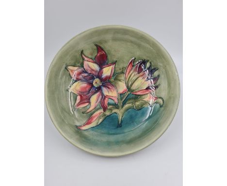 A Beautiful Vintage Moorcroft Fruit bowl. Decorative Floral Design on a lustrous Green Glaze.24cm diameter. 