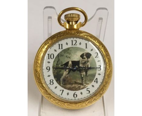 Vintage pocket watch hunting dog scene on case and dial , working but sold with no guarantees