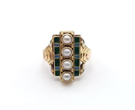 18CT YELLOW GOLD PEARL AND ENAMELED RING, WEIGHT 6.4G SIZE M 
