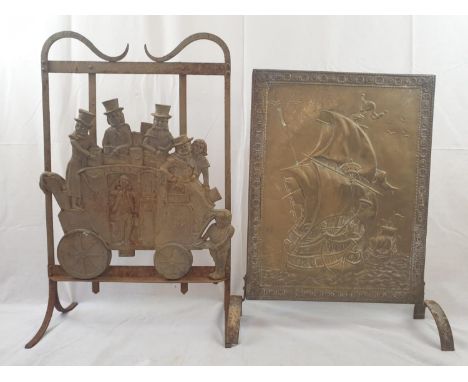 A Pair of Vintage Brass and Iron Fire Screens with relief images of a Stagecoach Party and a Ship at sea. 40 x 57 cm 