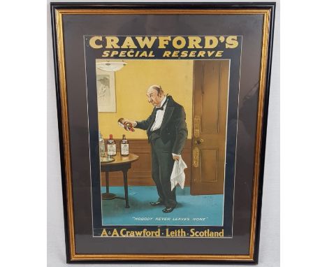 A VINTAGE POSTER ADVERTISING "CRAWFORDS SPECIAL RESERVE" IN A FRAME.64 X 49cms 