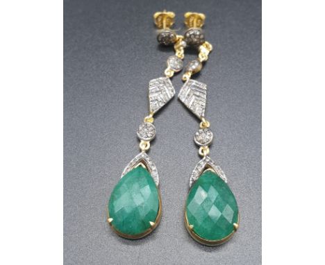 A pair of Silver Gilt Dangler emerald earrings in Vintage style with approx 2cts rose cut diamonds. 14.54g