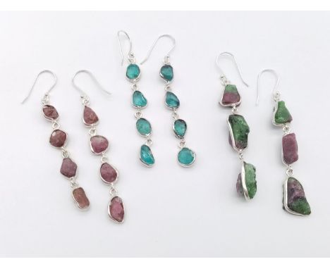 A collection of 3 raw set of earrings Tourmaline, Ruby Ziosite, Blue Apetitie 