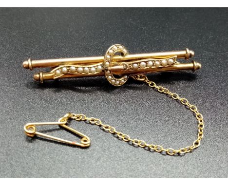 9ct Vintage Yellow Gold Seed Pearl BAR BROOCH.  3.3g   5cm width 