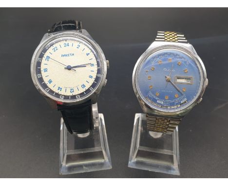 Pair of Vintage Russian Raketa Watches. One 24hr Dial. One Perpetual Clock. Both in good condition and working order. 
