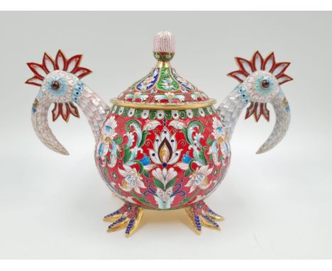 An Antique Russian Silver and Enamel Sugar Bowl. Gilded and enamelled silver in the shape of two birds of paradise with downw