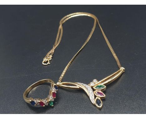 A 14CT GOLD NECKLACE AND MATCHING RING DECORATED WITH DIAMONDS, EMERALDS, SAPHIRES AND RUBY. TOTAL WEIGHT 10.7gms ring size N
