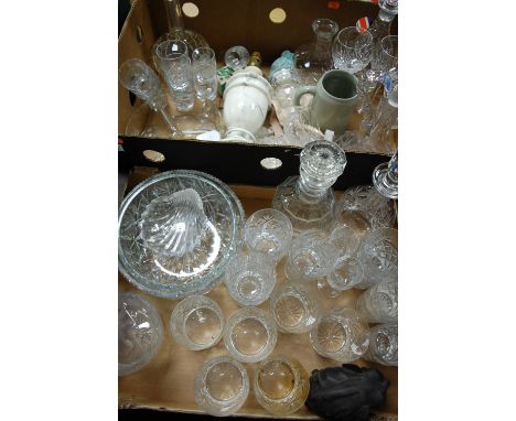 Two boxes of miscellaneous items to include cut glass decanter and stoppers, whisky tumblers, alabaster table lamp etc