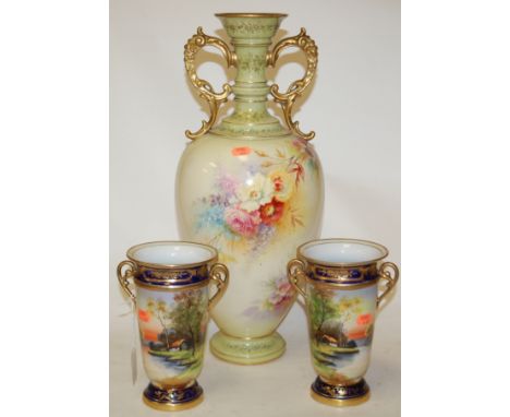 A pair of mid-20th century Noritake twin handled vases, each painted with a river landscape; together with an early 20th cent