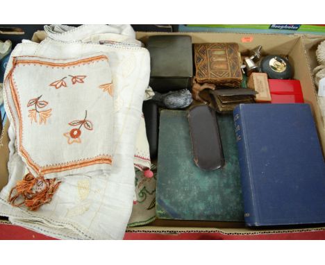 A box of miscellaneous items to include Songs of Praise book, table lighter in the form of a curling stone,  various leather 