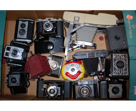 A box of miscellaneous cameras to include; Kodak Box Brownie No.2, Polaroid 800 Land Camera, Kodak 66 Model 3 etc 