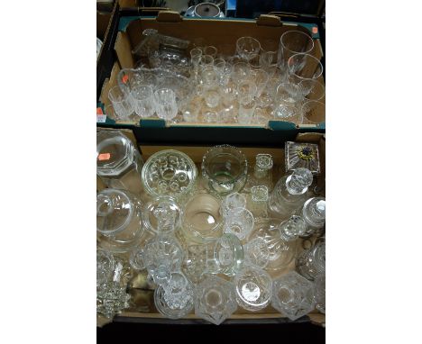Two boxes of miscellaneous glass ware to include storage jars, decanter and stopper etc