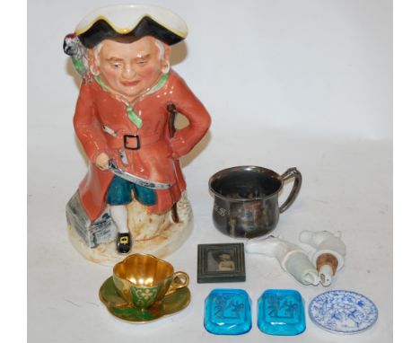An early 20th century continental musical Toby jug; together with a Coalport coffee can and saucer; and a pair of horse-head 