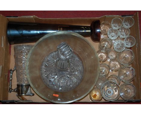 A box of miscellaneous glassware to include; cut glass ships decanter with porcelain sherry decanter label, studio glass bowl