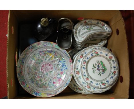 A box of mixed effects to include; Copeland Spode part dinner service, cut crystal glass fruit bowl etc