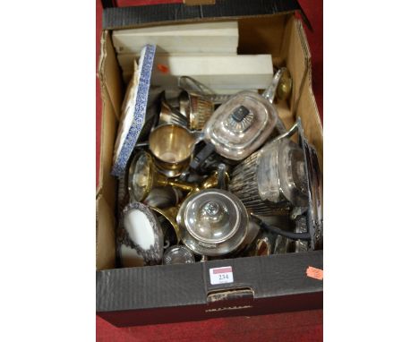 A box of miscellaneous silver plated wares to include four piece tea and coffee service etc