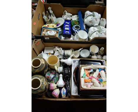 Two boxes of miscellaneous items to include a pair of modern Japanese vases of baluster form, New Chelsea Epping pattern part