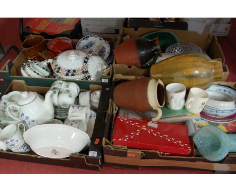 Four boxes of miscellaneous china to include Royal Doulton Minerva pattern part tea service, German pottery tankard, Victoria