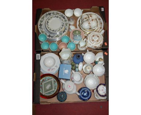 Two boxes of miscellaneous china to include; Wedgwood part tea service, Royal Doulton part dinner service in the Burgandy pat