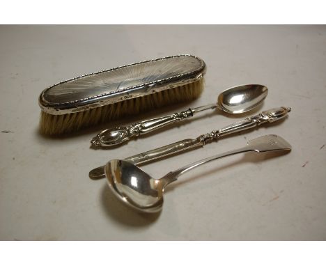 A Victorian silver sauce ladle, in the Fiddle pattern; a Victorian silver christening spoon and knife (loose); and a silver b