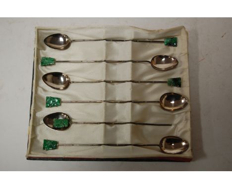 A set of six early 20th century Chinese silver cocktail spoons each having a faux bamboo stem and jade mounted terminal, stam