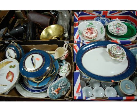 Four boxes of miscellaneous items to include Yashica 7x50 field binoculars, stoneware part tea and dinner service, Delft trin