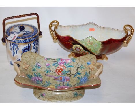 An early 20th century Carltonware Rouge Royale boat shaped vase; together with a Copeland Spode comport; and a Losol ware Pap