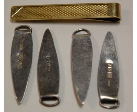 A silver gilt tie-clip; together with four plain silver tie-clips (5)