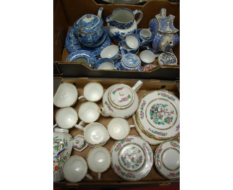 Two boxes of miscellaneous china to include Copeland Spode Italian pattern teapot and cover, saucers, Victorian blue & white 