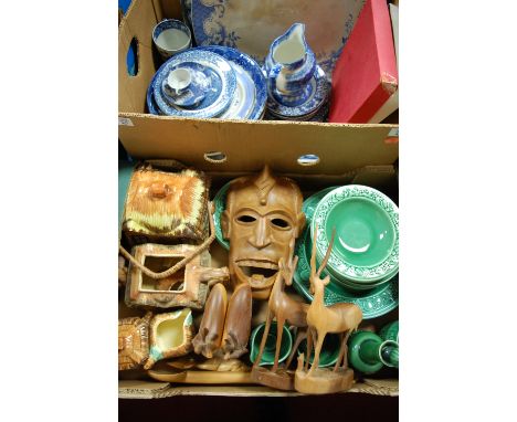 Three boxes of miscellaneous items to include Victorian meat plates, cottage ware tea service, carved wooden figures and vari