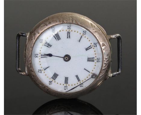 Silver open face watch, the white enamel dial with black Roman hours, 33mm diameter