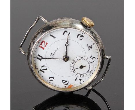 Lenroc silver trench watch, with a white enamel dial, Arabic hours, case 33mm wide