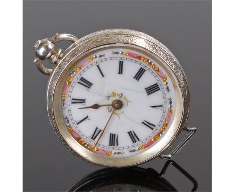 Victorian silver openface watch, with foliate case back, white enamel dial with Roman hours, casemm wide