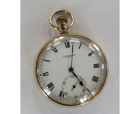 A J W Benson 9ct gold cased open face pocket watch, with subsidiary dial, and engraved initials to the case, weight 86.2g all