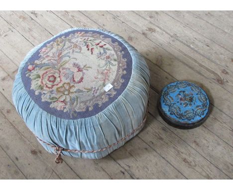 A pouffe, with embroidered top, together with a Victorian footstool af