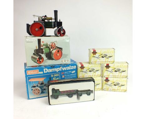 A Wilesco D365 steam roller, boxed, together with a Mamod steam roller (boxed) and an assembled group of boxed die-cast vehic