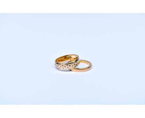 An 18ct gold wedding band, size K, weight approx 2.6g, together with a 22ct gold wedding band, size J, weight approx 2.9g (2)