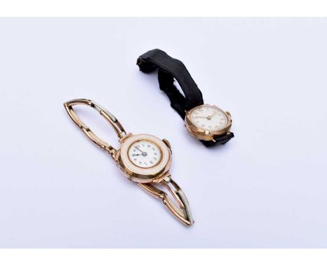 Two lady’s 9ct gold wristwatches, each with a Swiss 15 jewel manual wind movement, the first with white enamel banded decorat