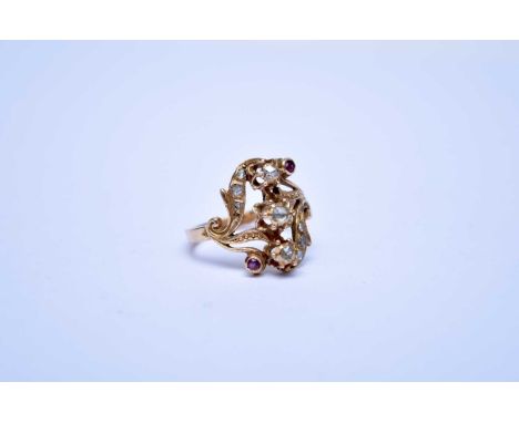 A yellow metal rose cut diamond and ruby ring, size O, not stamped, weight approx 3.8g